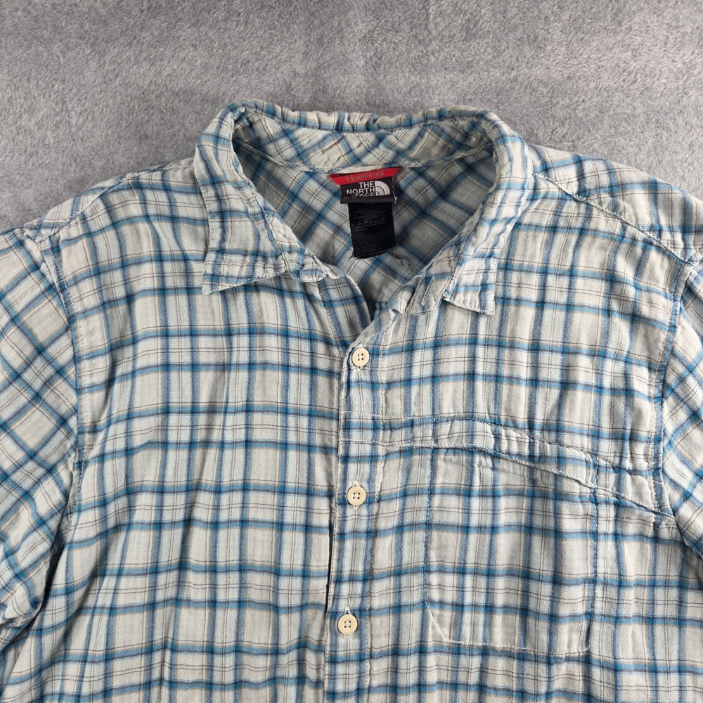 The North Face Plaid Button Down Shirt Mens M Blue White Short Sleeve Hiking